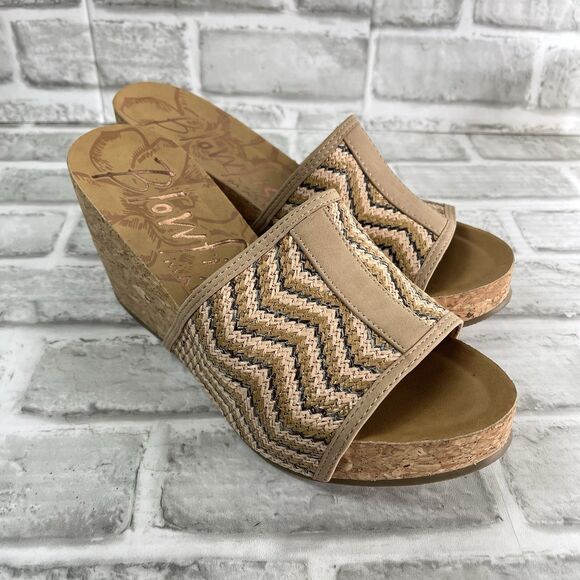 Blowfish Malibu Women's Size 7.5 Tan Chevron Woven Cork Platform Wedge Slides - Picture 11 of 11
